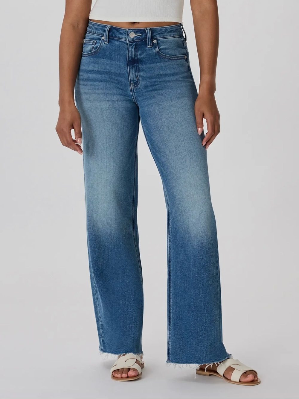 Quince Bella Stretch Straight Jeans in Twilight Blue Fray Hem Size 32